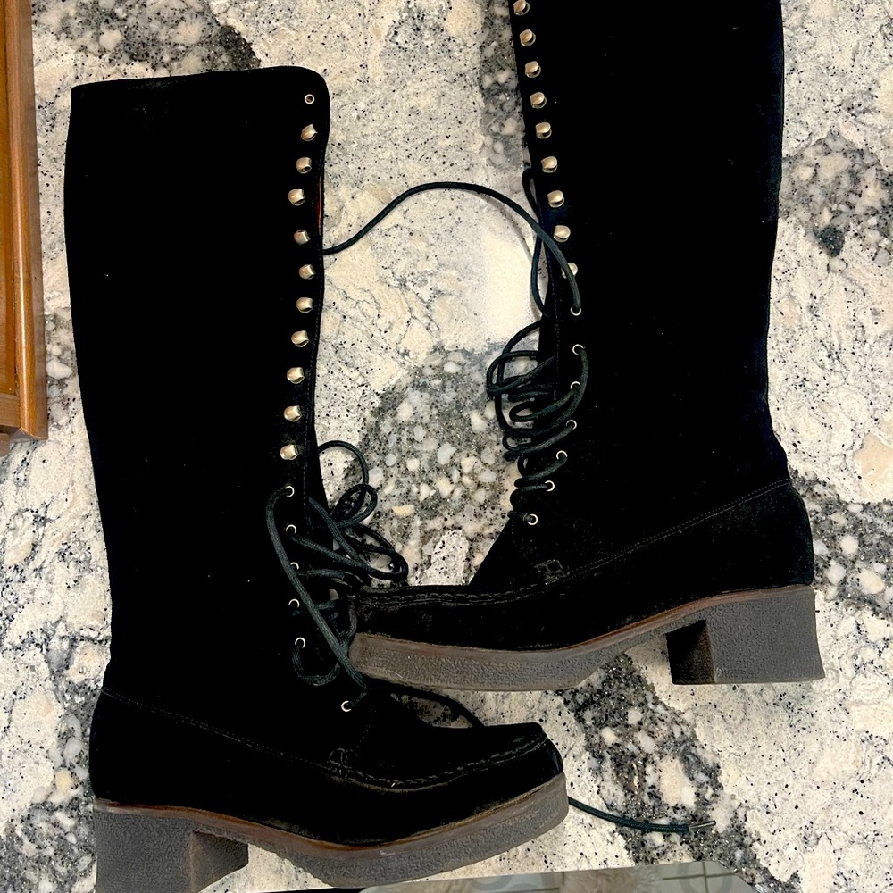 Vintage Black Suede tall lace up boots by Esprit